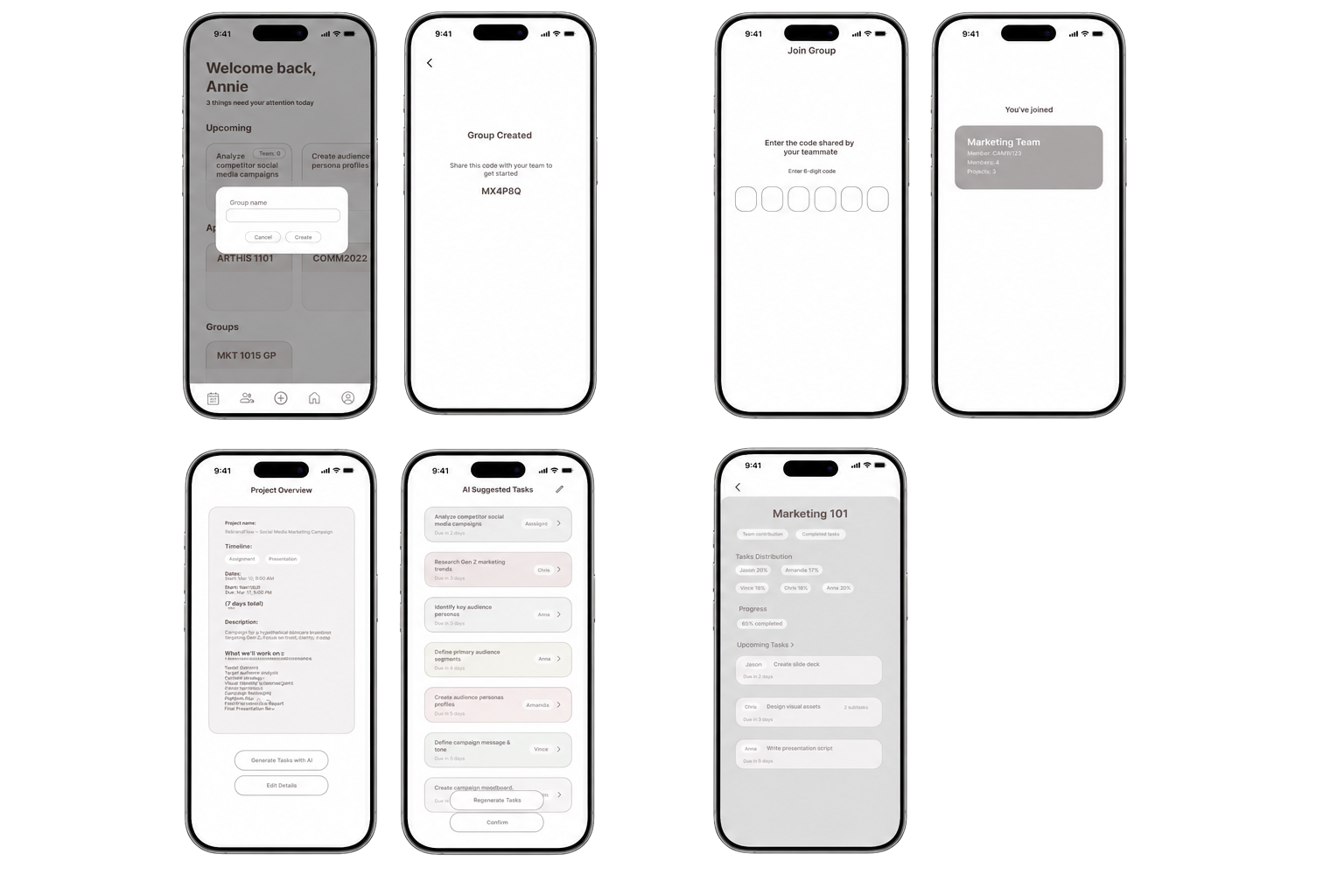 Eight Groupmate screens showing the complete workflow