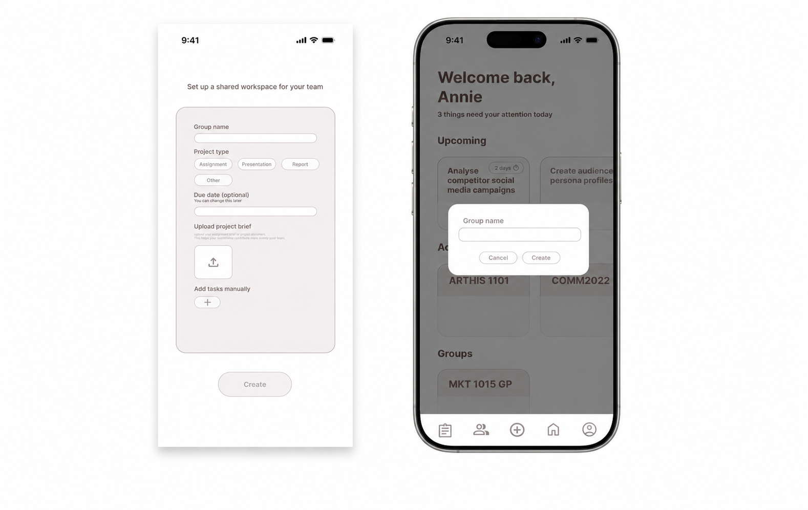 Two Groupmate group creation screen iterations on white