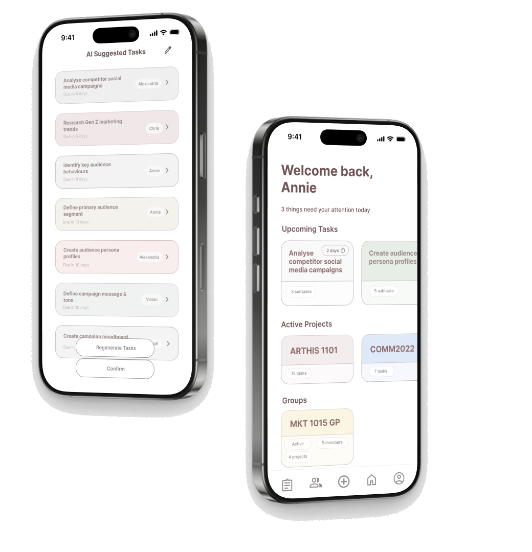 Groupmate AI suggested tasks and personal dashboard shown on two iPhones