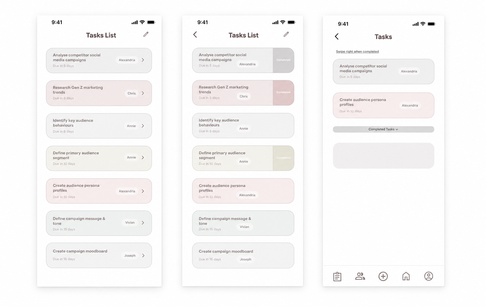 Three Groupmate task tracking screen iterations on white